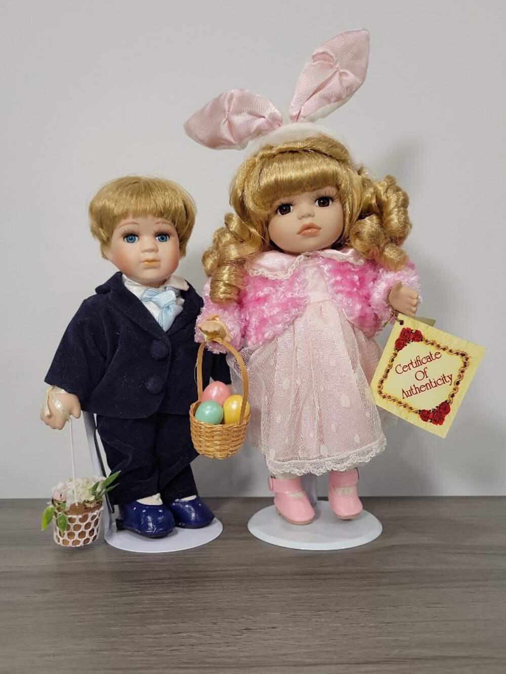 Vintage Easter 9" Tall Porcelain Doll Set Boy Girl Pair by Collector’s Choice